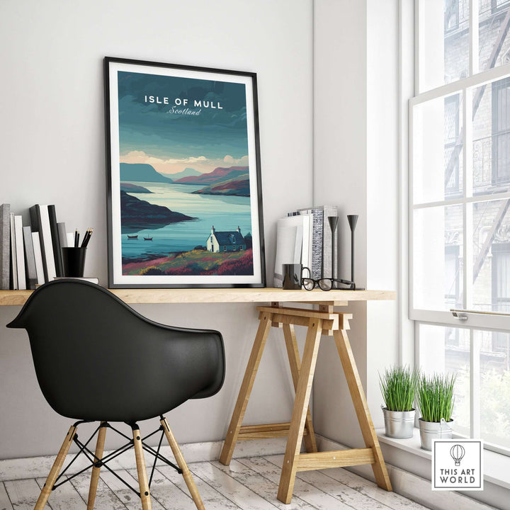 Isle of Mull Scotland poster print on wall above stylish desk with modern chair and plants.
