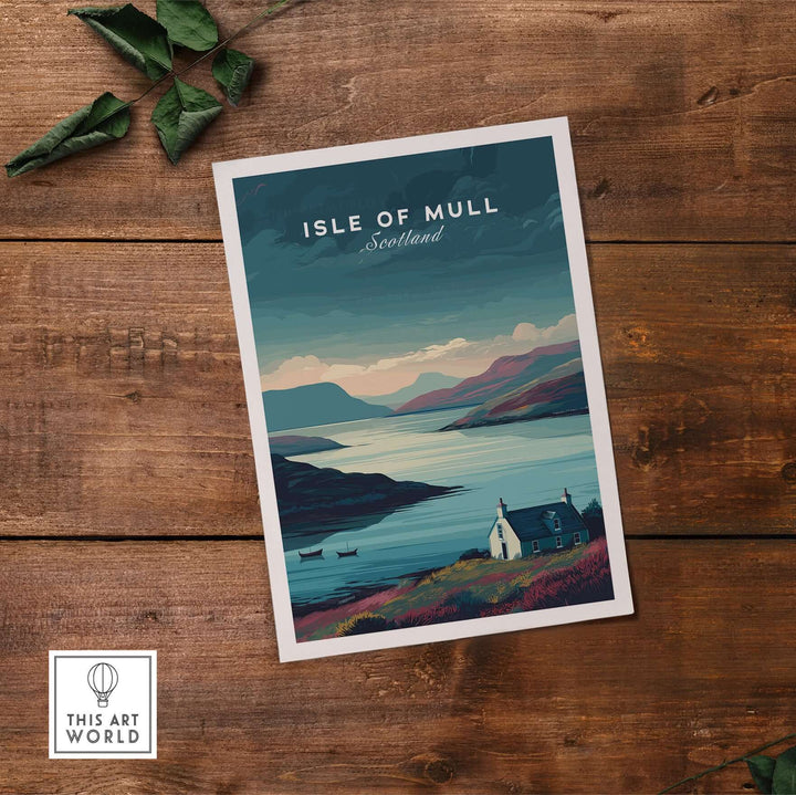 Isle of Mull Scotland poster art print featuring serene landscapes and tranquil colors on wooden background.
