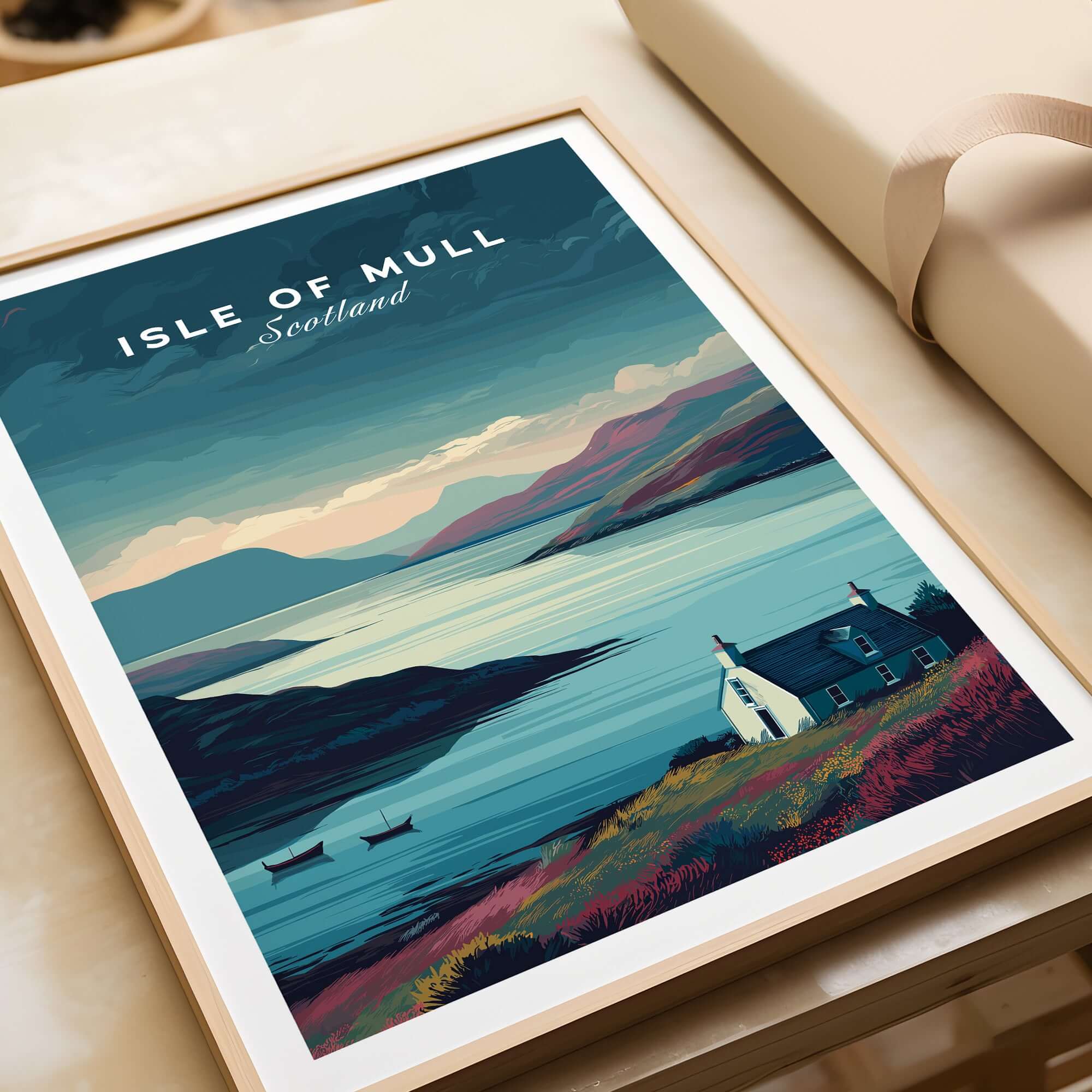 Isle of Mull Poster Scotland Print - Serene Scottish Wall Art featuring tranquil landscapes and a charming cottage.