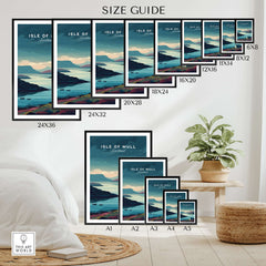 Isle of Mull Poster Scotland Print - Serene Scottish Wall Art size guide for various frame options in living room setting.
