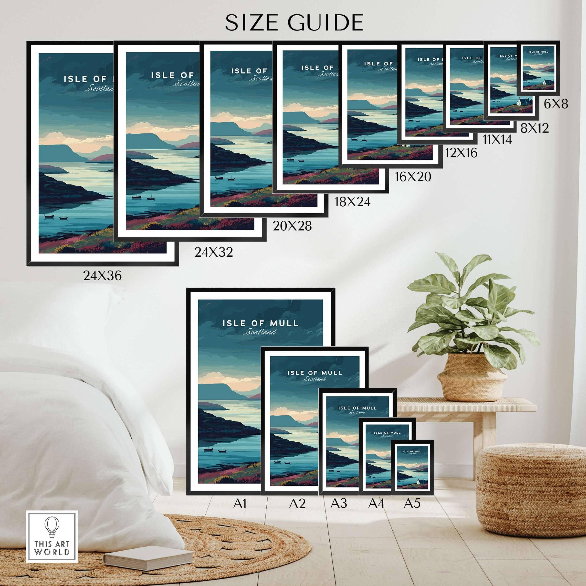 Isle of Mull Poster Scotland Print - Serene Scottish Wall Art size guide for various frame options in living room setting.