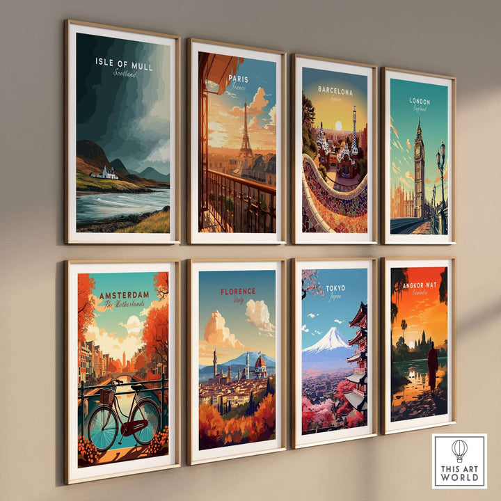 Gallery wall featuring travel prints of Isle of Mull, Paris, Barcelona, London, Amsterdam, Florence, Tokyo, and Angkor Wat.