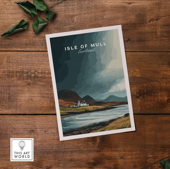 Isle of Mull coastal cottage print showcasing Scotland's rugged beauty and serene landscapes in a contemporary art style.