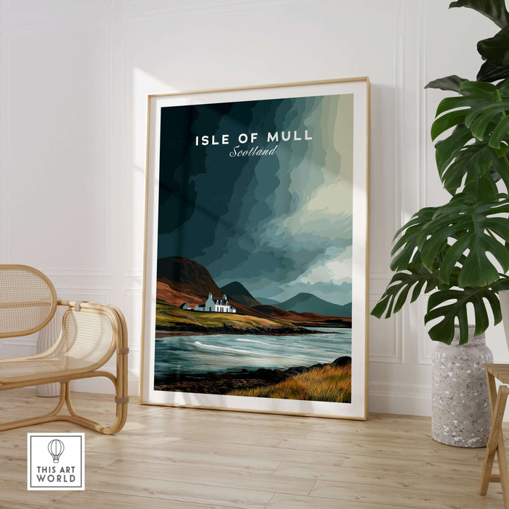 Isle of Mull print featuring coastal cottage, Scottish Highlands wall art in stylish interior setting.