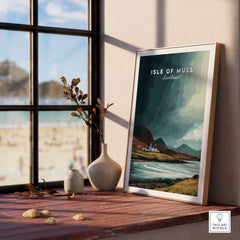 Isle of Mull Scotland Coastal Cottage Print - Scottish Highlands Wall Art displayed in a cozy interior with a view of the beach.