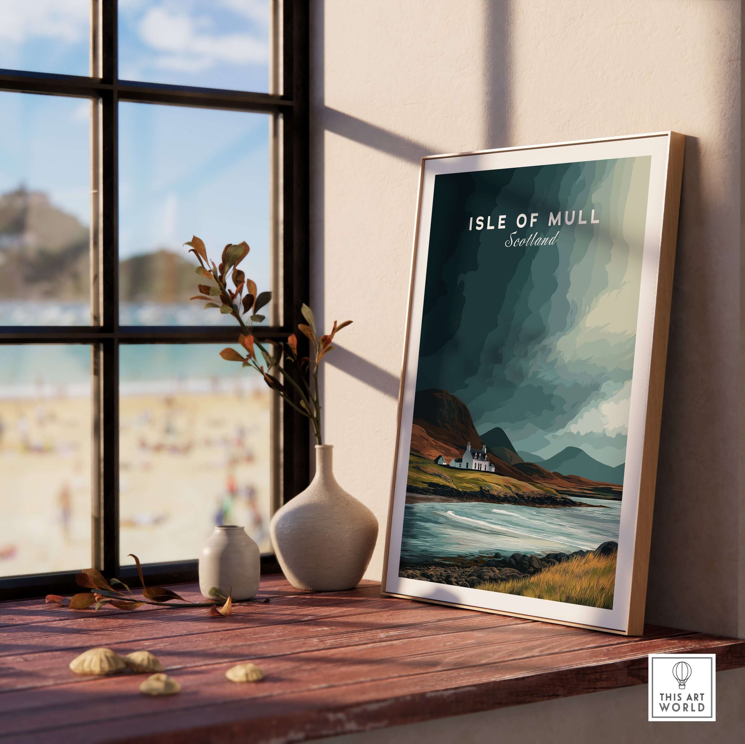 Isle of Mull Scotland Coastal Cottage Print - Scottish Highlands Wall Art displayed in a cozy interior with a view of the beach.