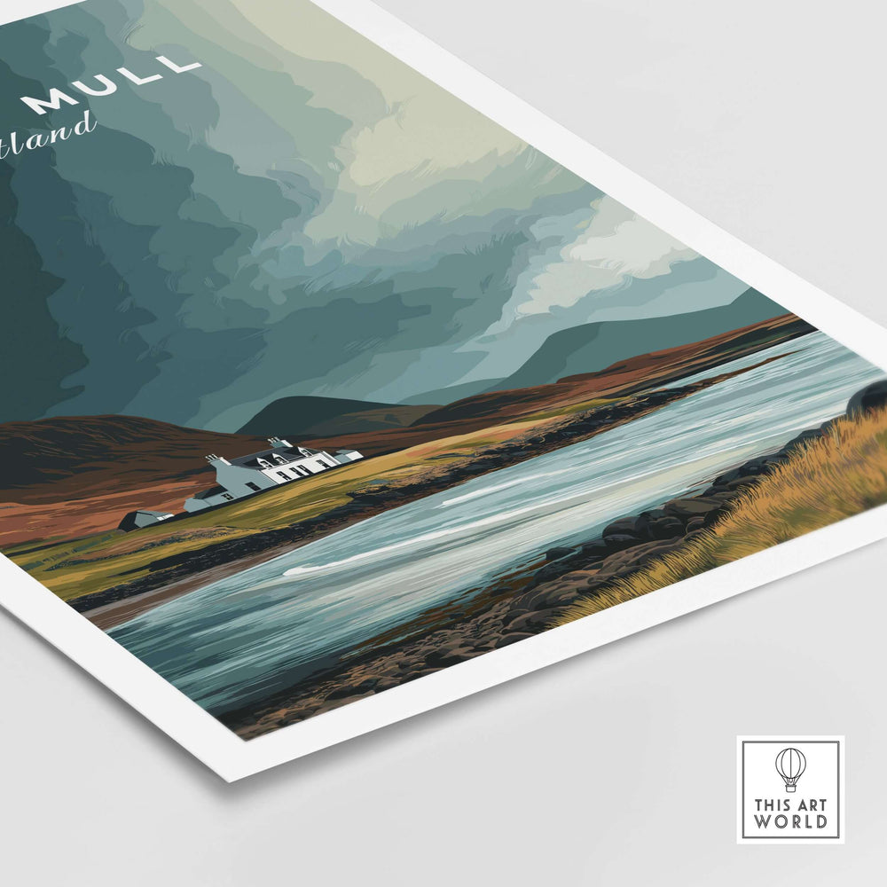 Isle of Mull Coastal Cottage print depicting Scottish Highlands scenery with a river and dramatic mountains.