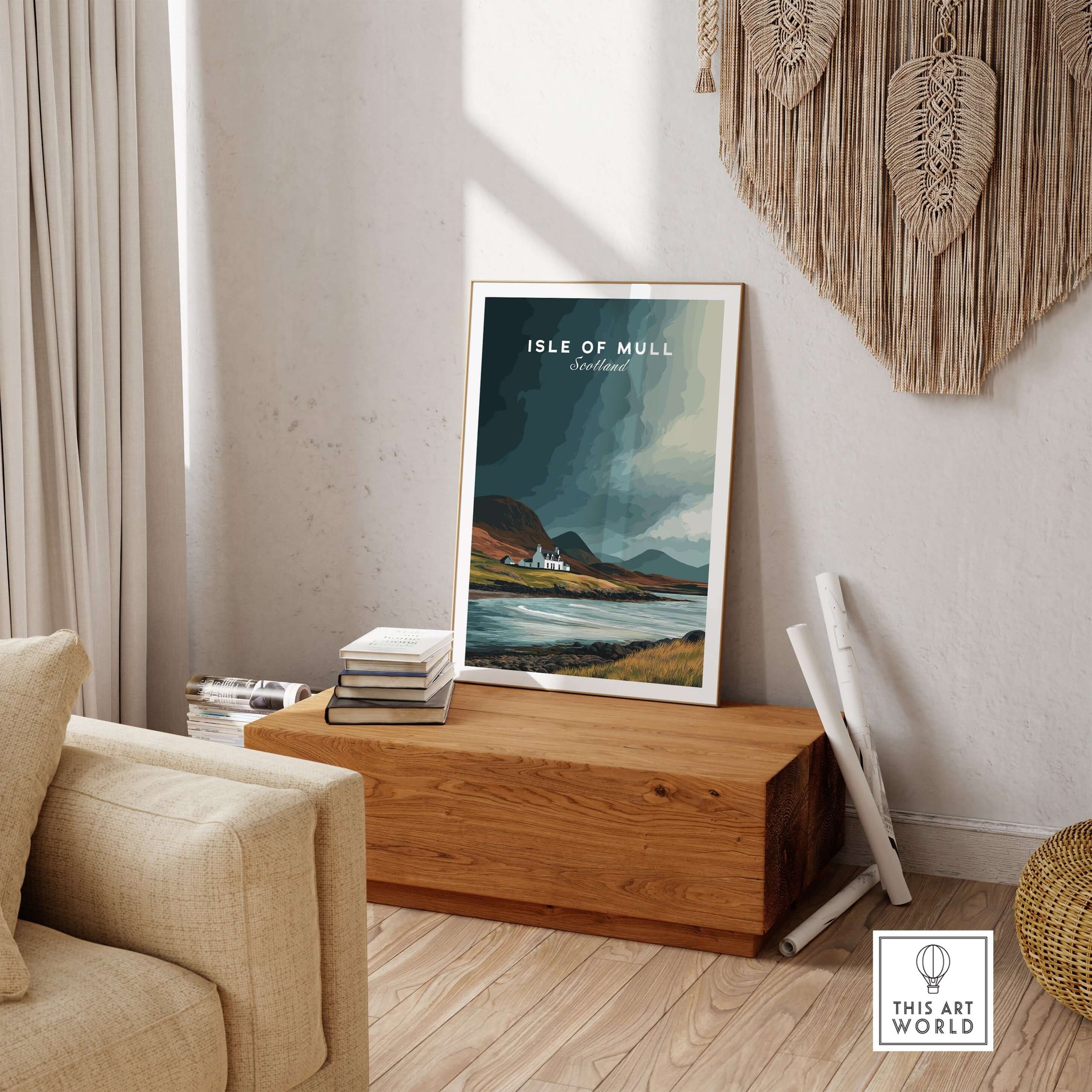 Isle of Mull Scotland Coastal Cottage Print - Scottish Highlands Wall Art displayed in cozy living room.