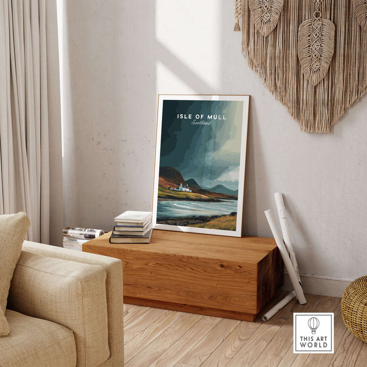 Isle of Mull Scotland coastal cottage print in a cozy living room setting, showcasing Scottish Highlands wall art.