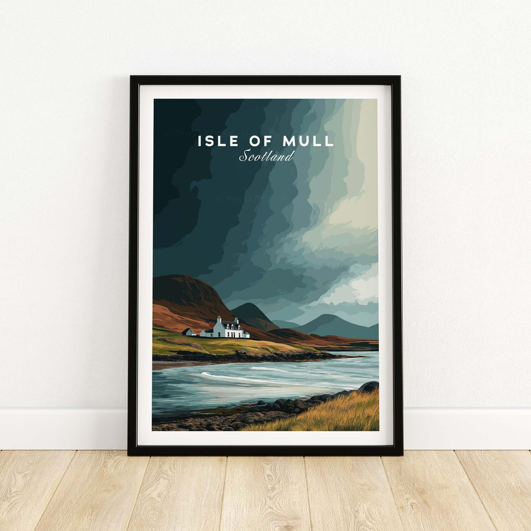 Isle of Mull Scotland coastal cottage print showcasing rugged highlands and serene waters, perfect for wall decor.