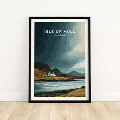 Isle of Mull Scotland Coastal Cottage Print - Scottish Highlands Wall Art framed print on a wooden floor.