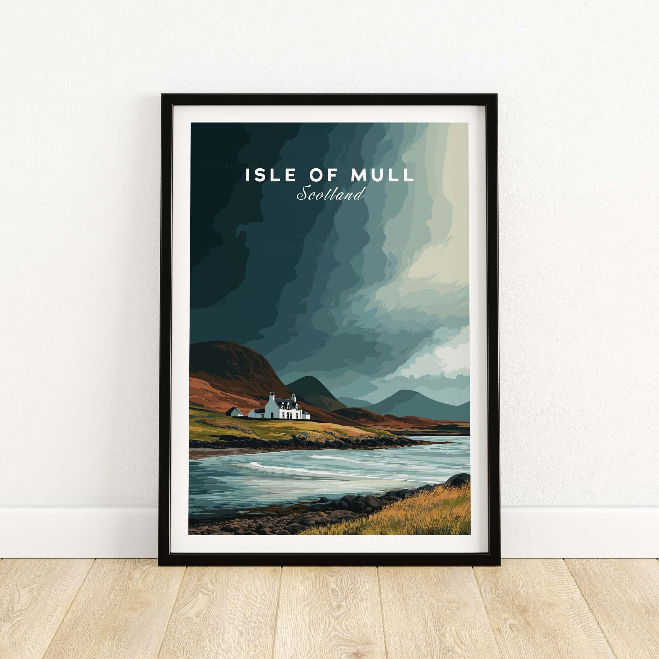 Isle of Mull Scotland Coastal Cottage Print - Scottish Highlands Wall Art framed print on a wooden floor.