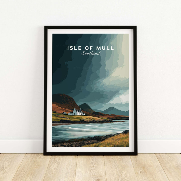 Isle of Mull Scotland coastal cottage print showcasing rugged highlands and serene waters, perfect for wall decor.