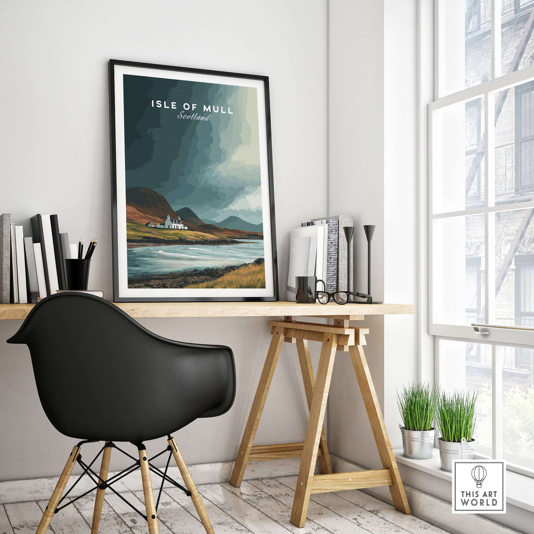 Isle of Mull Scotland coastal cottage print in modern interior setting, showcasing Highland landscapes and rustic charm.