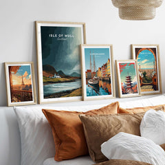 Isle of Mull Scotland Coastal Cottage Print - Scottish Highlands Wall Art displayed in elegant frames on a stylish sofa.