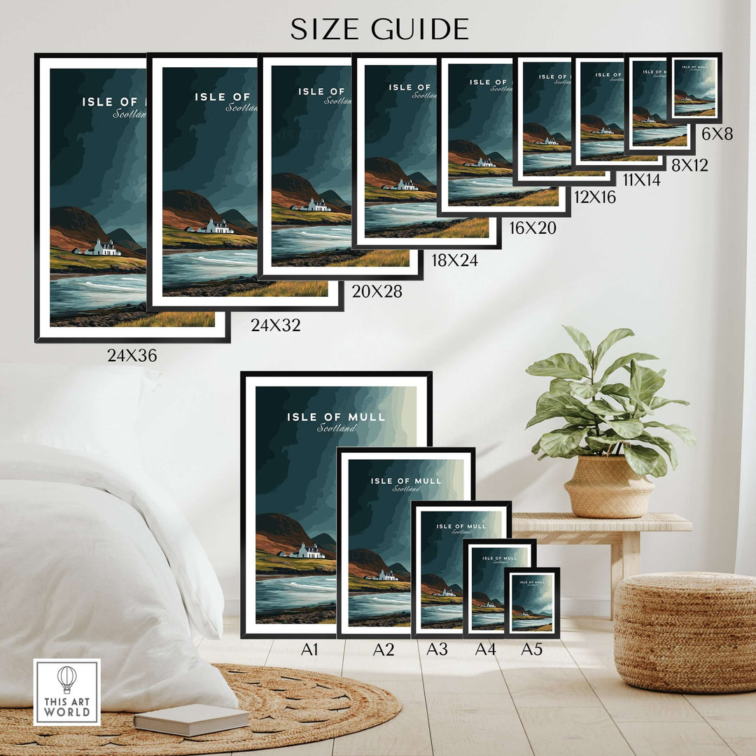 Size guide for Isle of Mull Coastal Cottage print showcasing various sizes in a home decor setting.