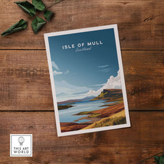 Isle of Mull Scotland Coastal Panorama Poster - Scottish Landscape Print displayed on wooden surface.