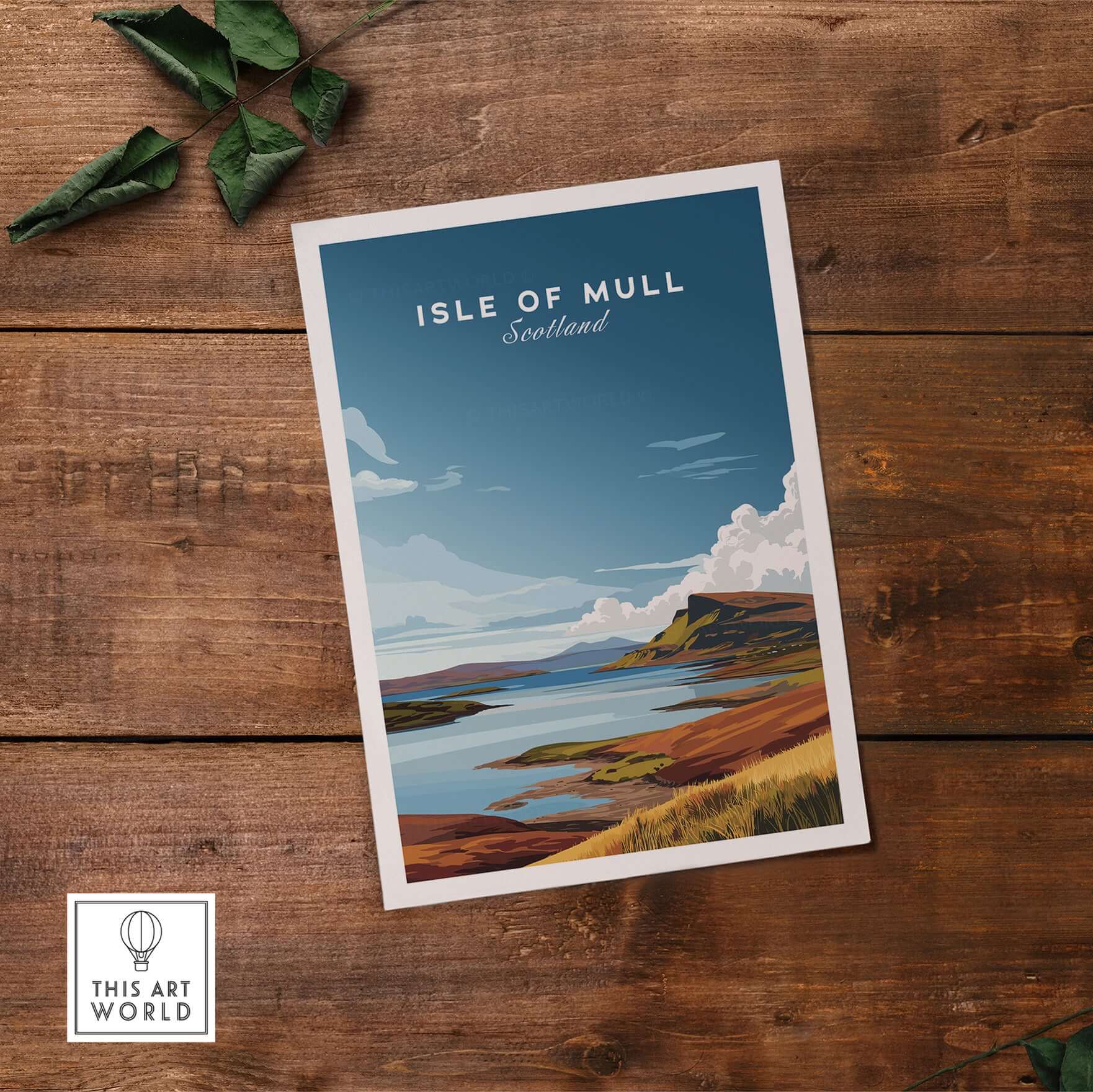 Isle of Mull Scotland Coastal Panorama Poster - Scottish Landscape Print displayed on wooden surface.