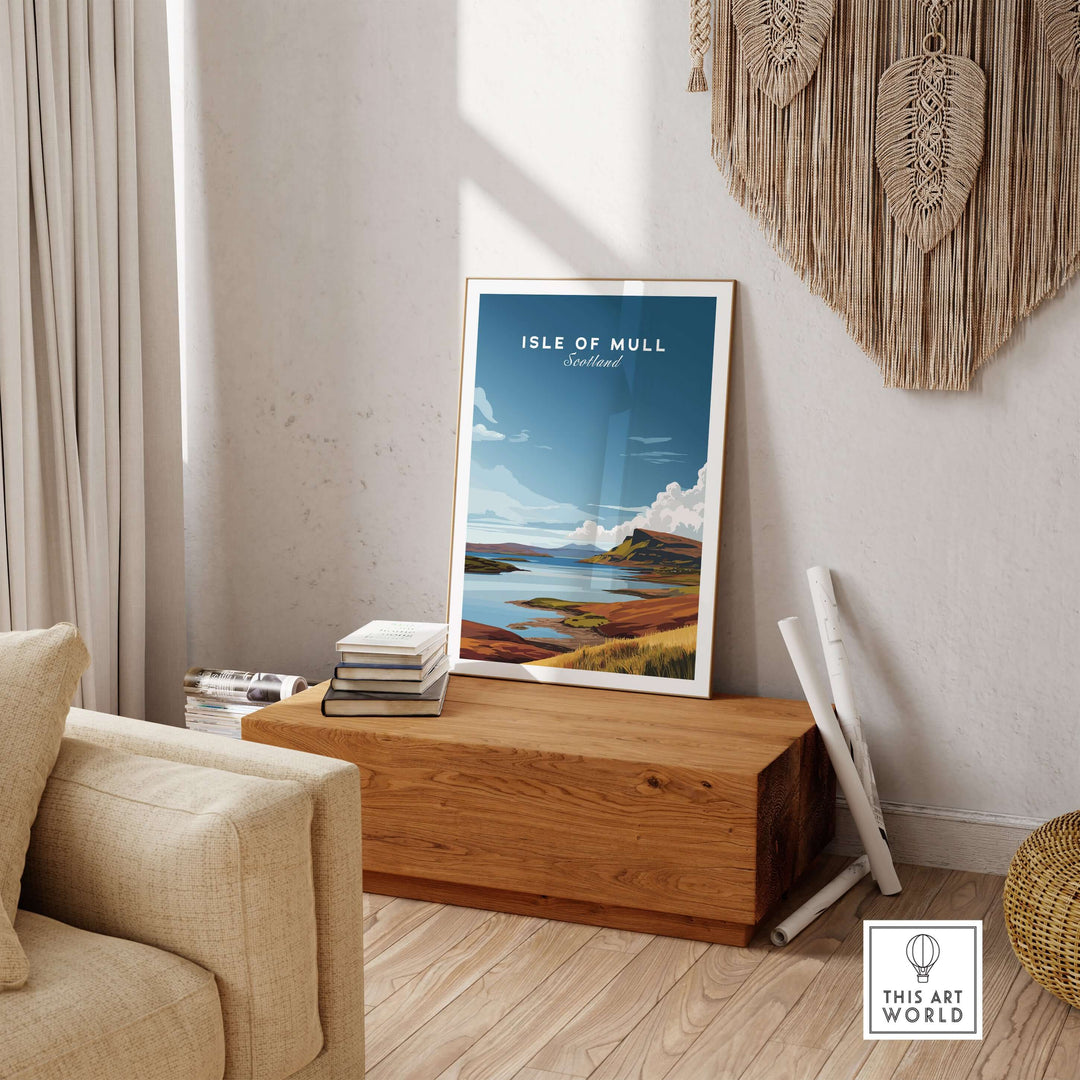 Isle of Mull coastal panorama poster in a stylish living room setting, highlighting Scottish landscape beauty.