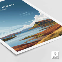 Isle of Mull Scotland Coastal Panorama Poster - Scottish Landscape Print showcasing vibrant hills and serene waters.