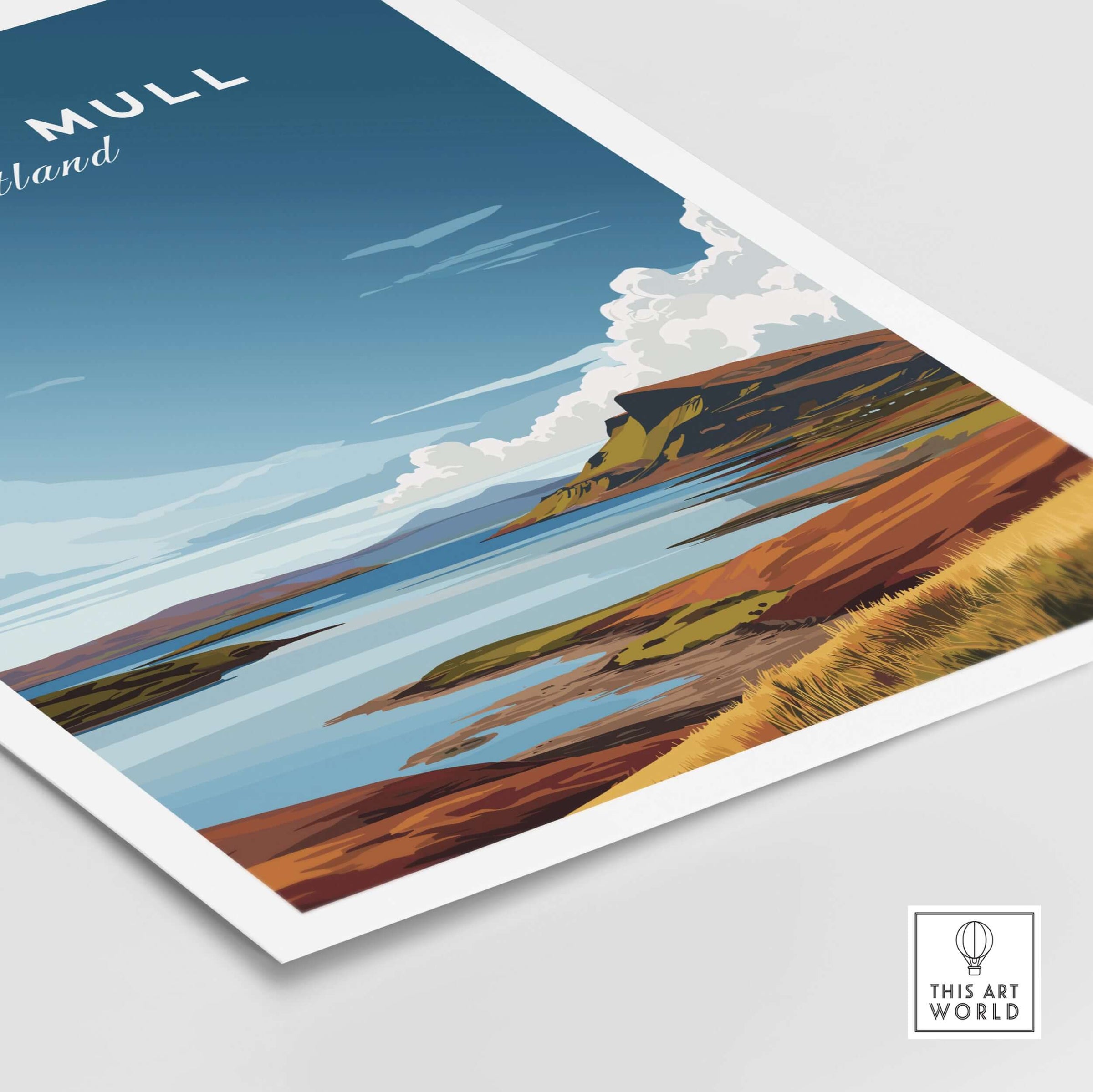 Isle of Mull Scotland Coastal Panorama Poster - Scottish Landscape Print showcasing vibrant hills and serene waters.