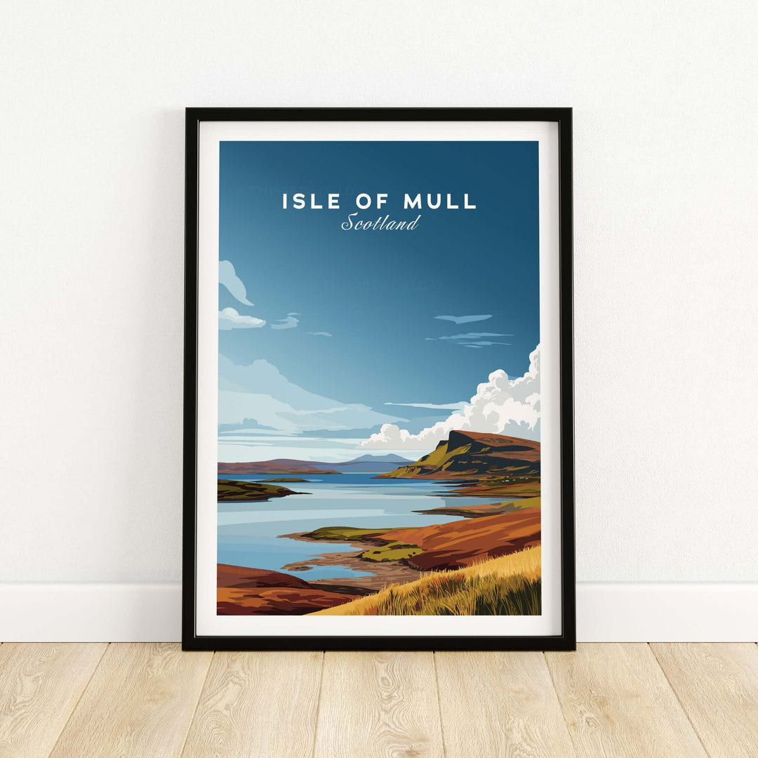 Isle of Mull poster showcasing Scotland's stunning coastal landscape with cliffs and blue skies.