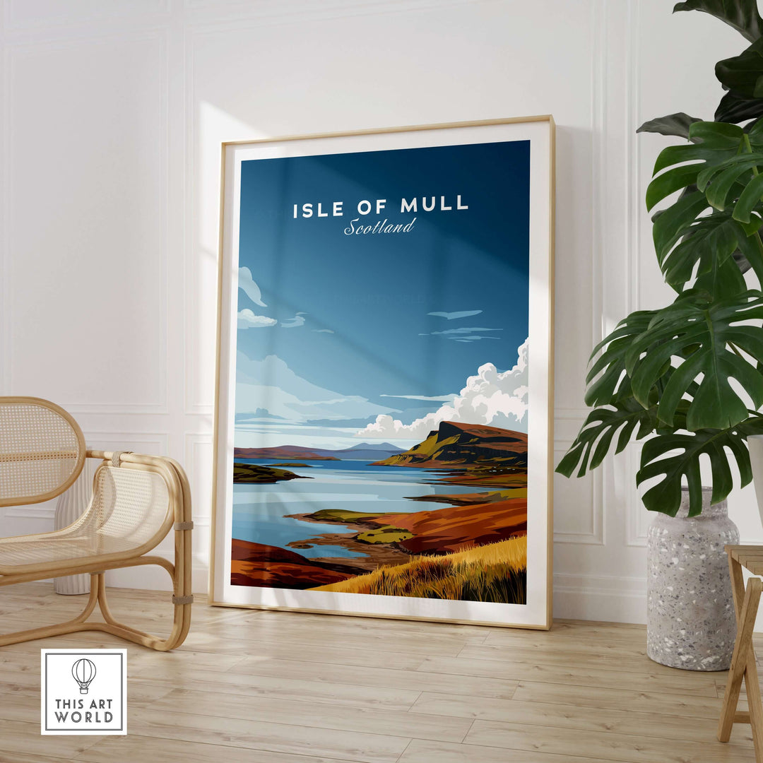 Isle of Mull coastal panorama poster showcasing Scotland's rugged landscape and shimmering waters.