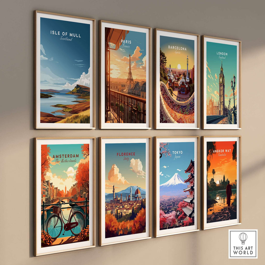 Gallery wall featuring framed posters of iconic cities: Isle of Mull, Paris, Barcelona, London, Amsterdam, Florence, Tokyo.