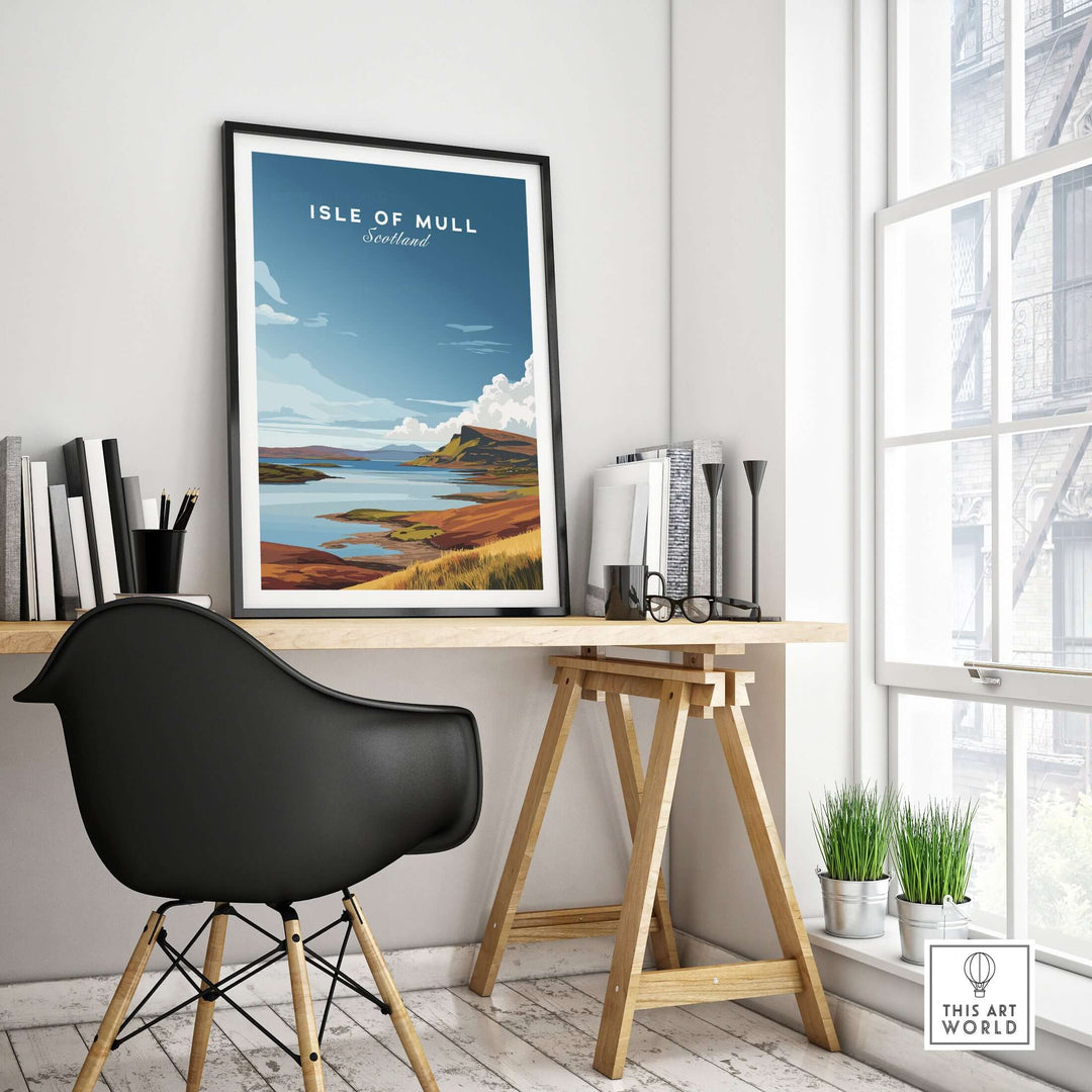 Isle of Mull Scotland coastal panorama poster displayed in a modern workspace with natural light.