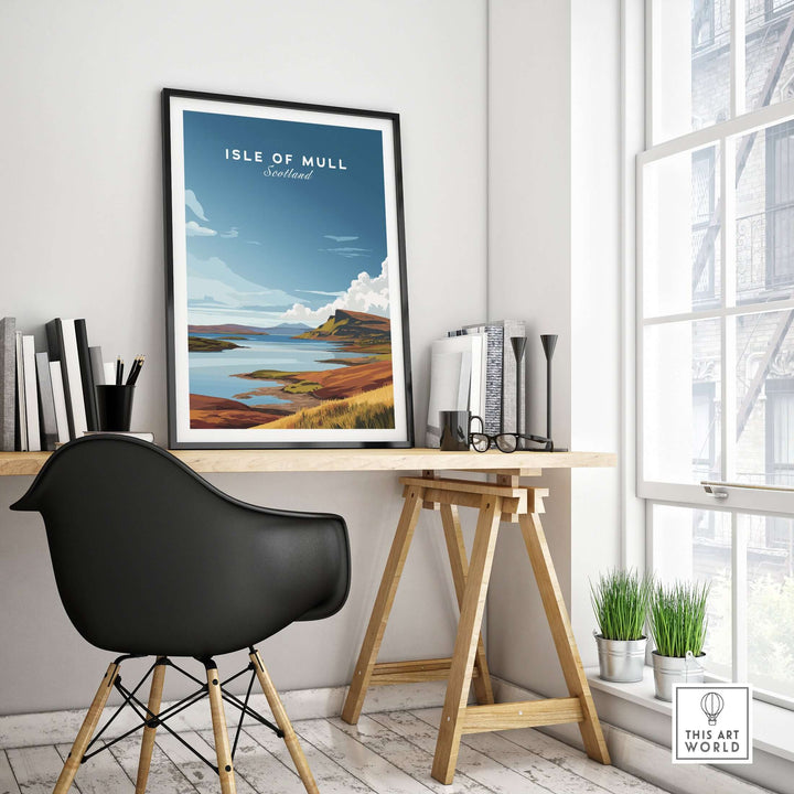 Isle of Mull Scotland coastal panorama poster displayed in a modern workspace with natural light.