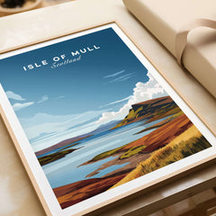 Isle of Mull Scotland Coastal Panorama Poster - Scottish Landscape Print featuring a vibrant coastal scene.