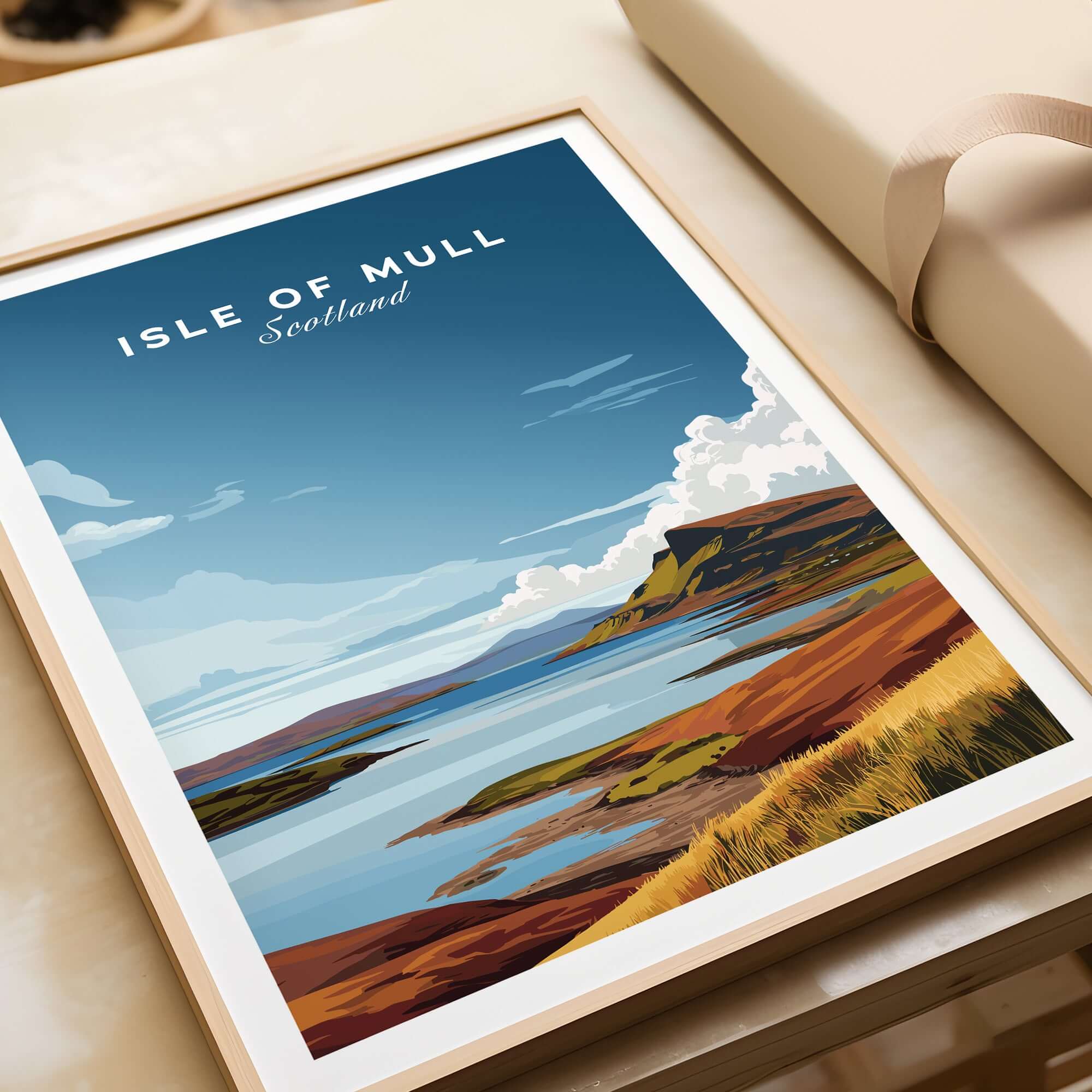 Isle of Mull Scotland Coastal Panorama Poster - Scottish Landscape Print featuring a vibrant coastal scene.