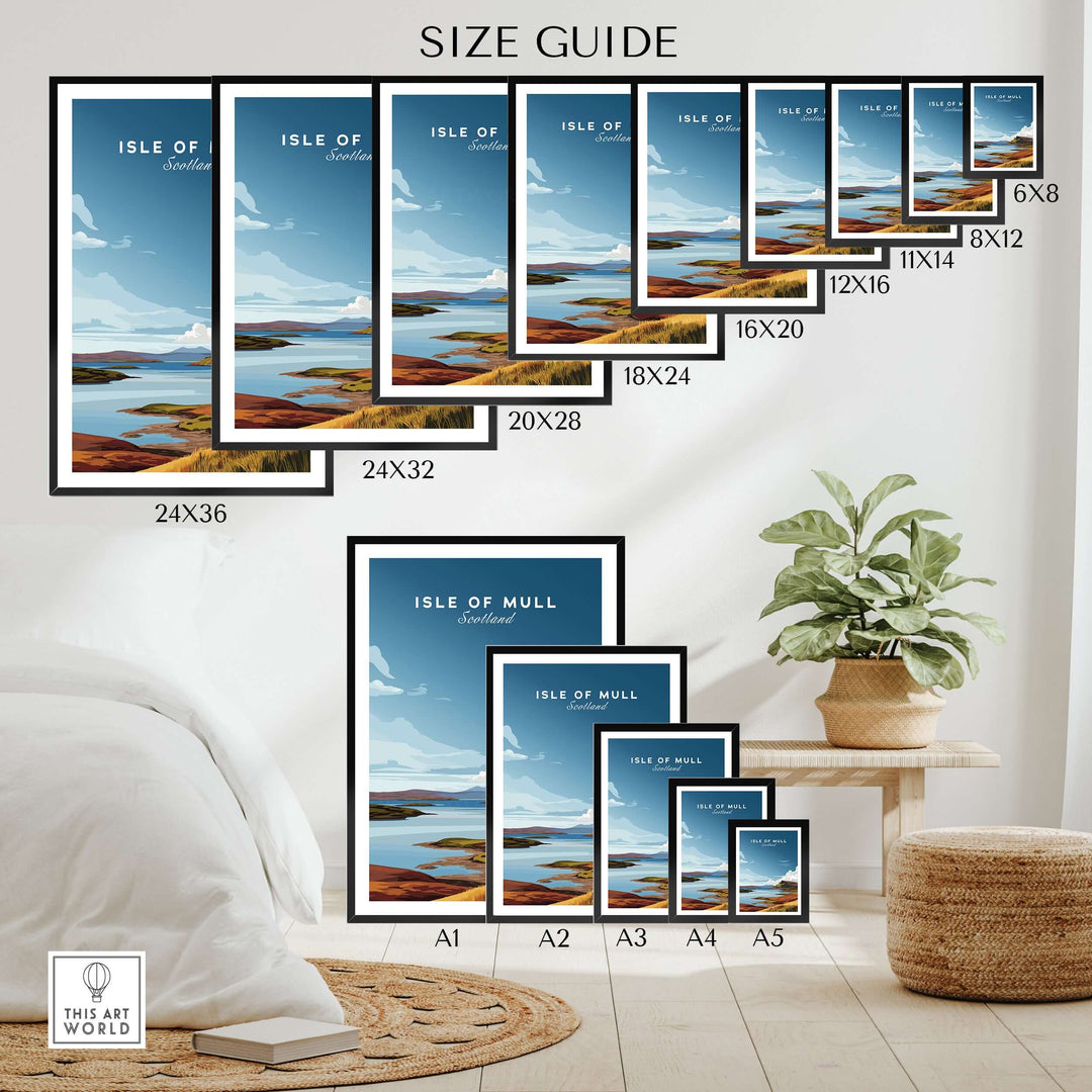 Size guide for Isle of Mull Scotland coastal panorama poster with various frame sizes displayed in a stylish room.