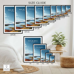 Isle of Mull Scotland Coastal Panorama Poster - Scottish Landscape Print size guide showing various frame sizes.