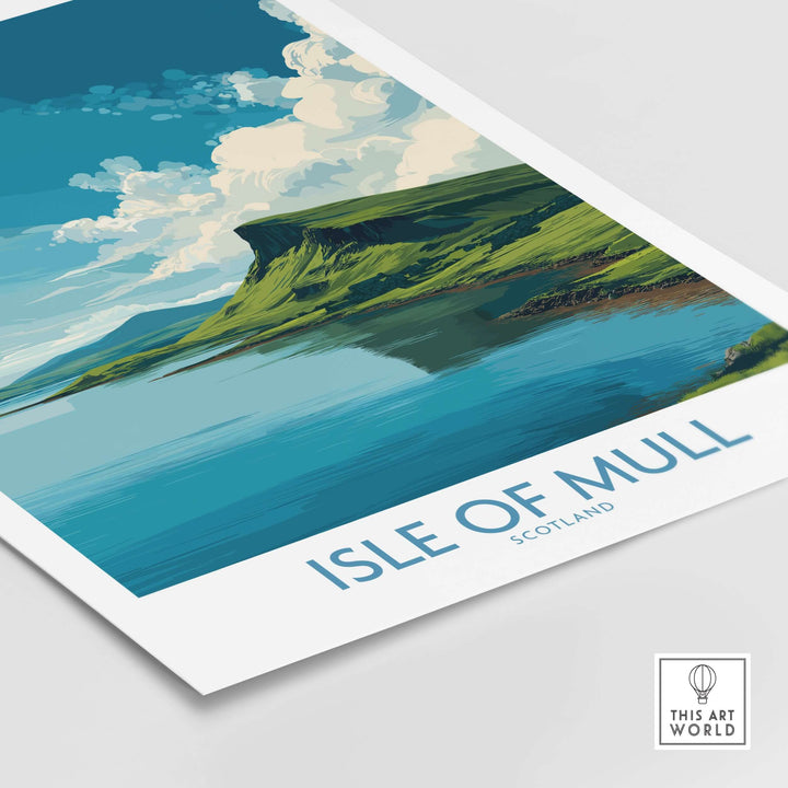 Isle of Mull wall art print featuring serene coastal landscape and vibrant blue sky, showcasing Scotland's natural beauty.
