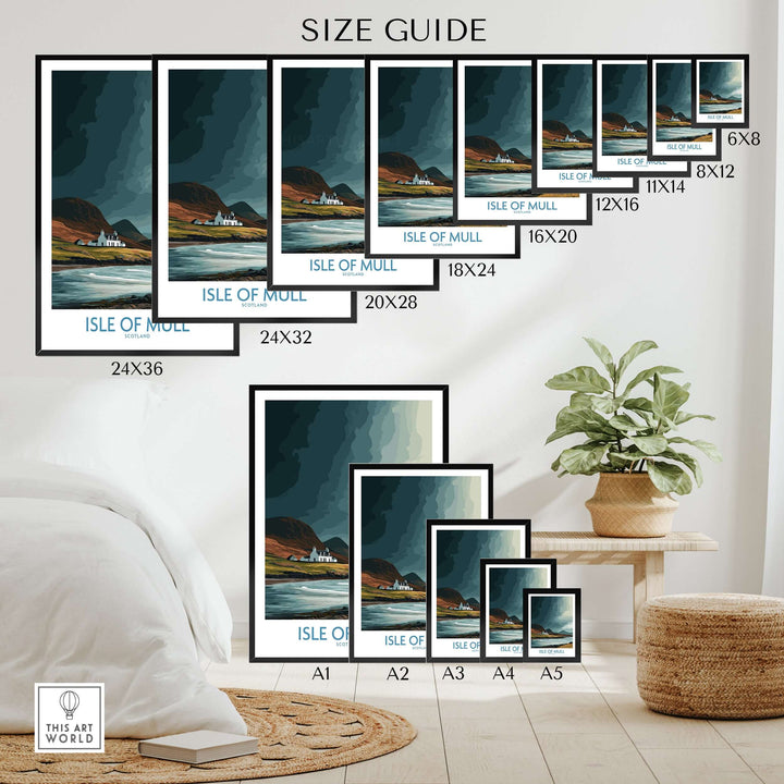 Size guide for Isle of Mull landscape poster showcasing various print sizes in a stylish interior setting.