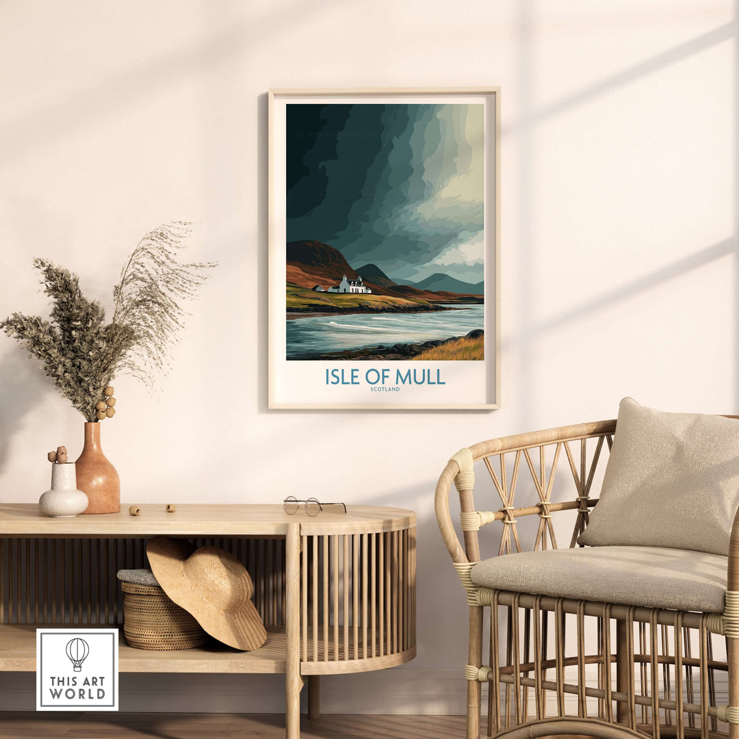 Isle of Mull landscape poster in a stylish interior, showcasing Scotland's rugged beauty and charm.