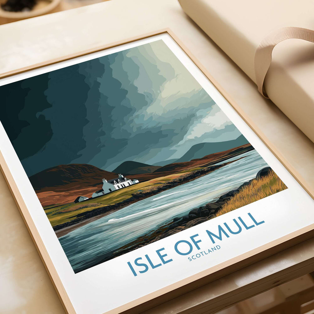 Isle of Mull Scotland landscape poster featuring rugged mountains and scenic river view, perfect for nature lovers.
