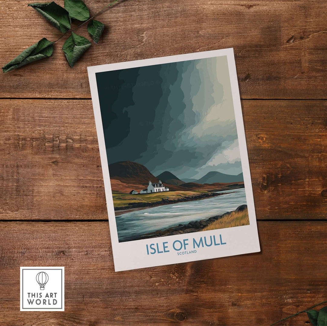 Isle of Mull Scotland dramatic landscape poster featuring rugged scenery and a serene river.