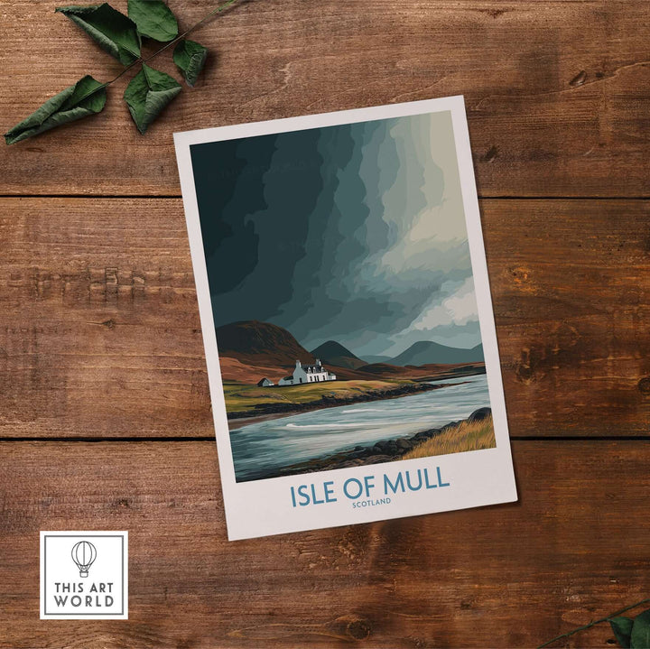 Isle of Mull Scotland dramatic landscape poster featuring rugged scenery and a serene river.