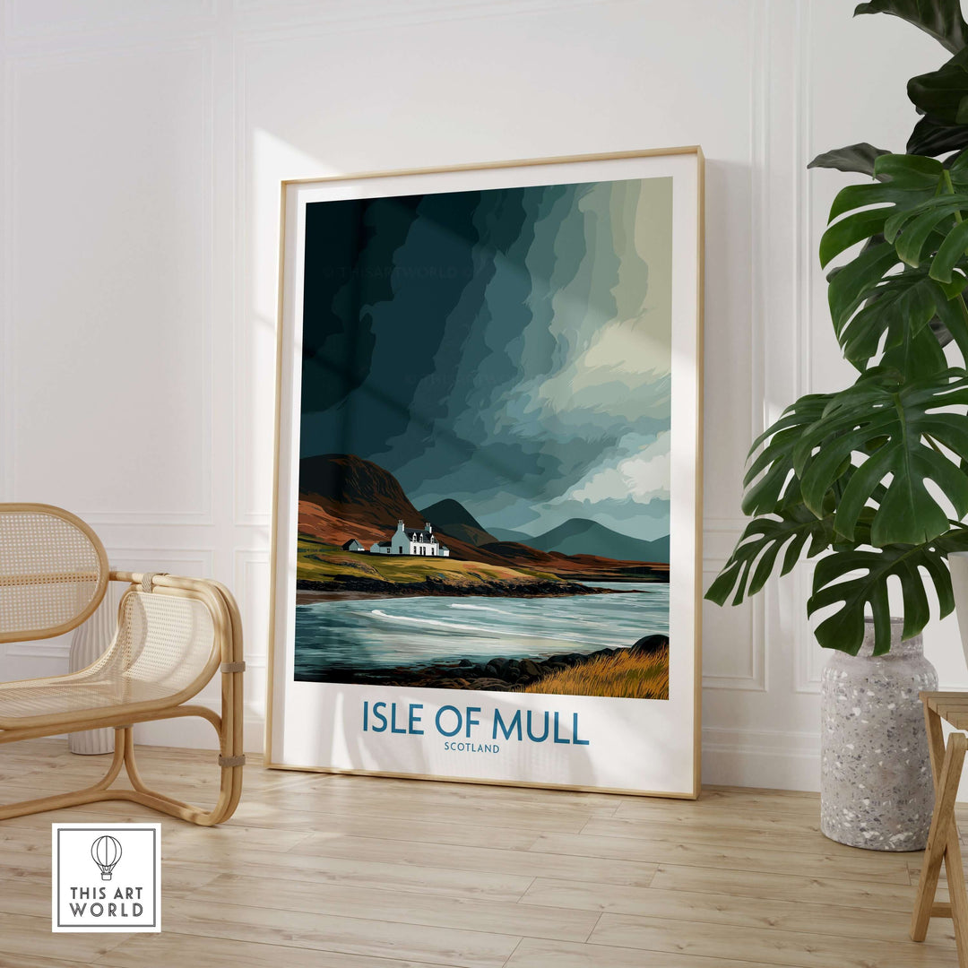 Isle of Mull Scotland landscape poster featuring rugged scenery and dramatic skies, perfect for nature lovers.