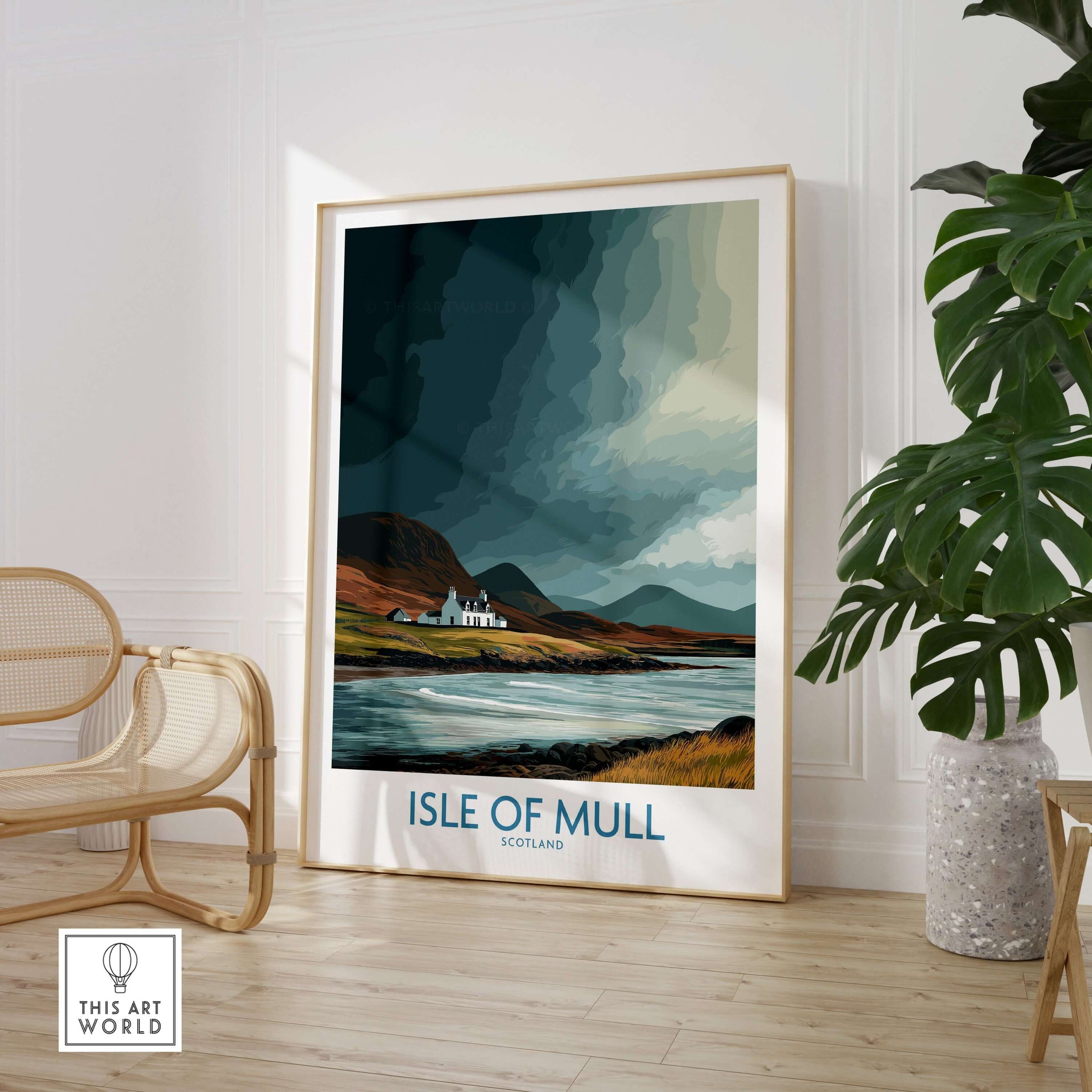 Isle of Mull Scotland Dramatic Landscape Poster - Wild Scottish Island Poster displayed in a stylish interior setting.