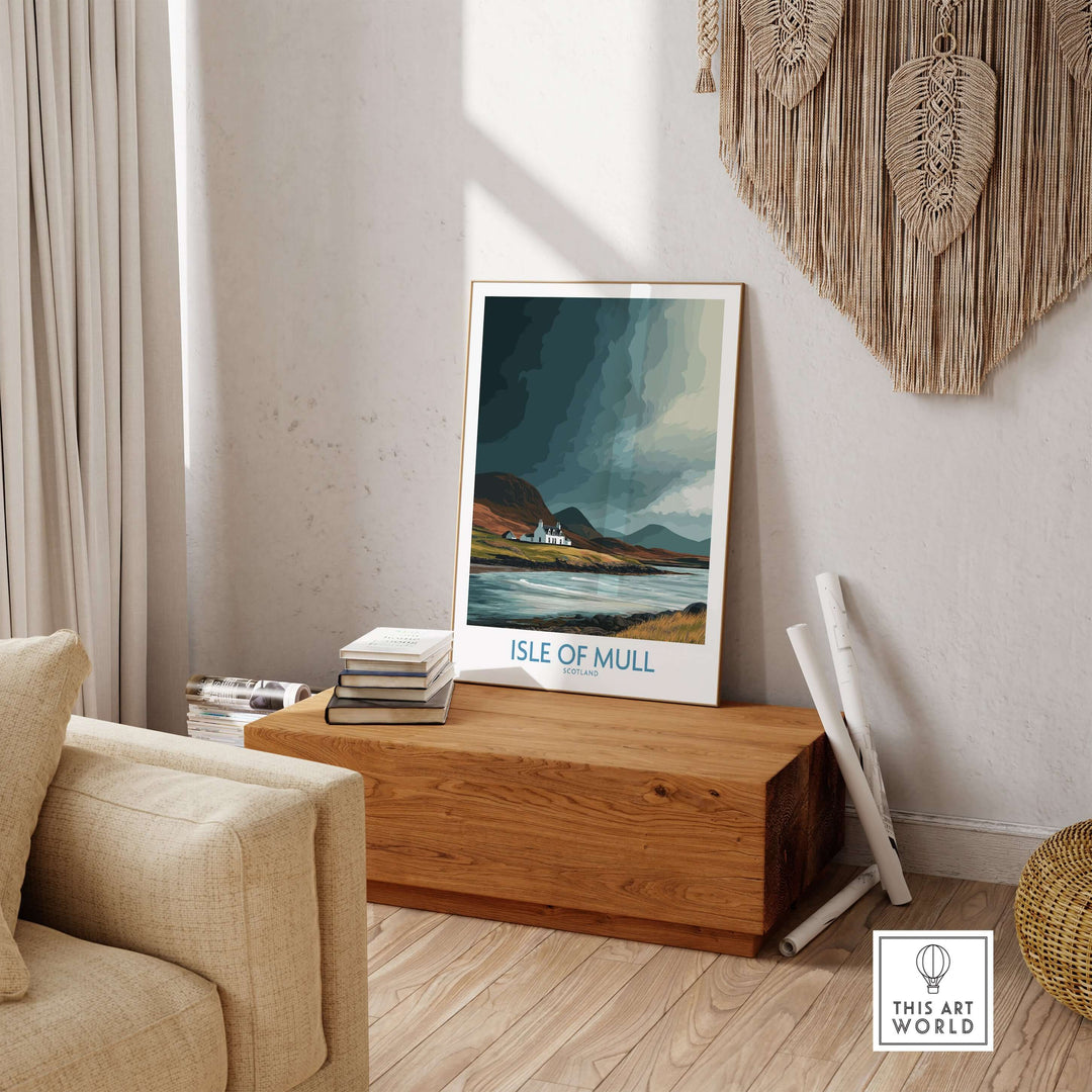 Isle of Mull Scotland landscape poster displayed in a cozy interior setting, highlighting rugged scenery and natural beauty.
