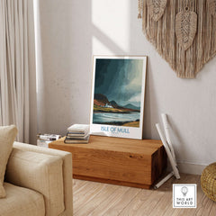 Isle of Mull Scotland Dramatic Landscape Poster - Wild Scottish Island Poster displayed in a modern living room.