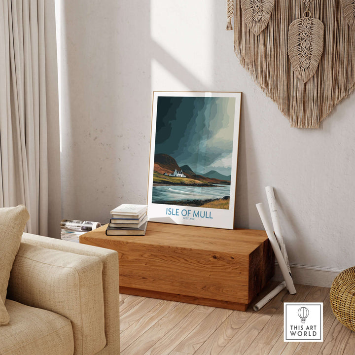 Isle of Mull Scotland landscape poster displayed in a cozy interior setting, highlighting rugged scenery and natural beauty.