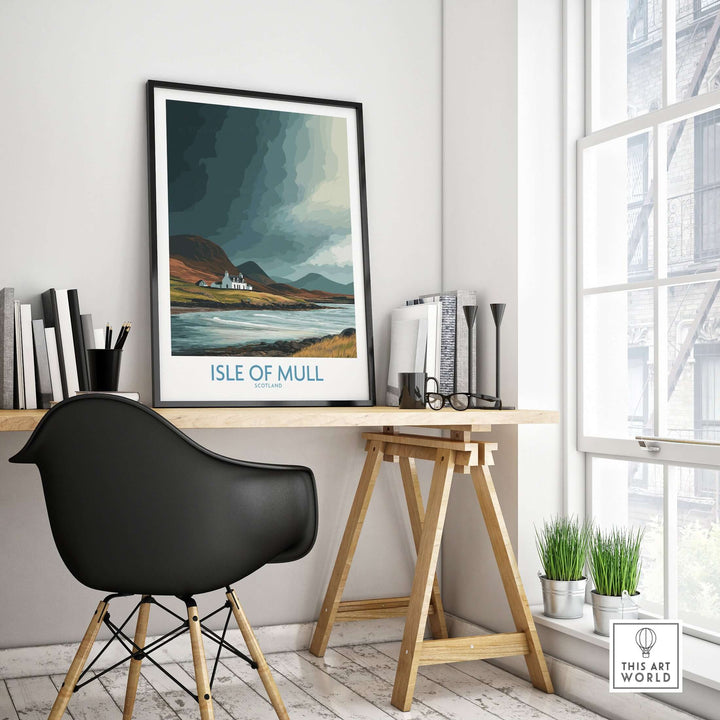 Isle of Mull poster displayed in a modern workspace, showcasing Scotland's rugged landscape.