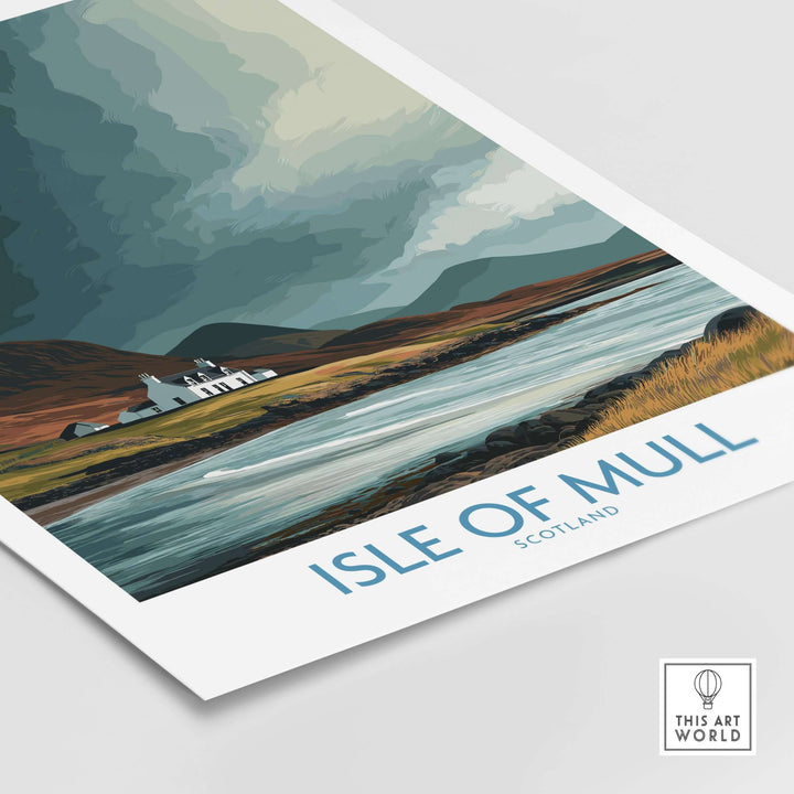 Isle of Mull Scotland poster featuring dramatic landscape with mountains and river scenery.