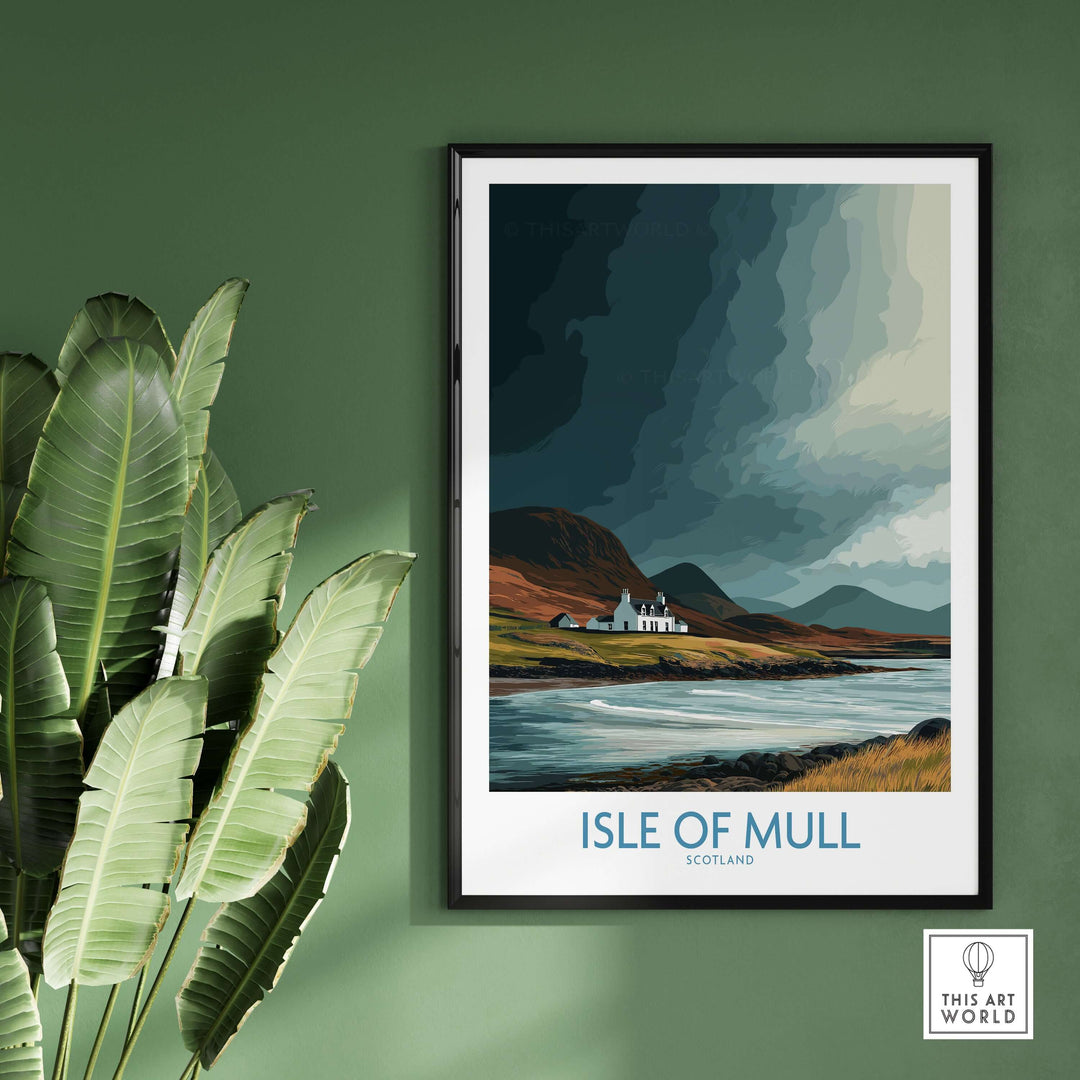 Isle of Mull scenic landscape poster framed on a wall, depicting rugged Scottish island scenery with a coastal view.