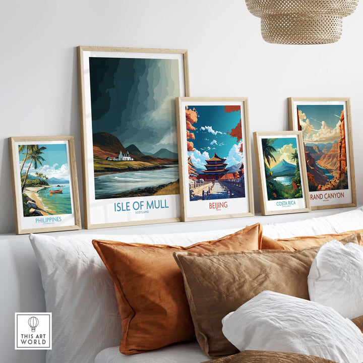Isle of Mull landscape poster displayed among other travel-themed art prints in a cozy living space.