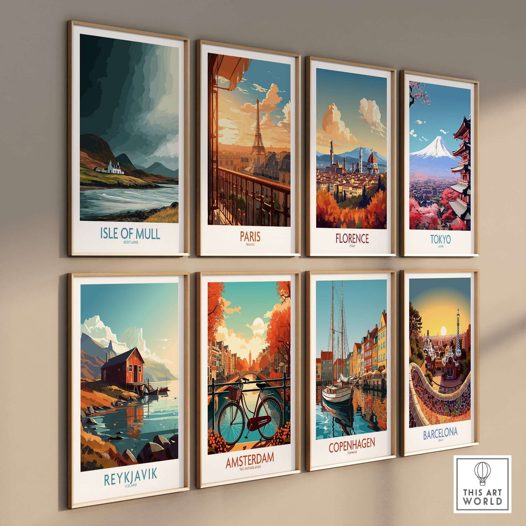 Collection of travel posters featuring landscapes of Isle of Mull, Paris, Florence, Tokyo, Reykjavik, Amsterdam, Copenhagen, and Barcelona.